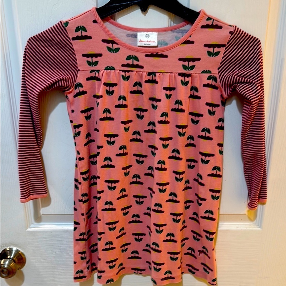 Hanna Andersson Pink and Black Long Sleeve Tee with Floral pattern small tear